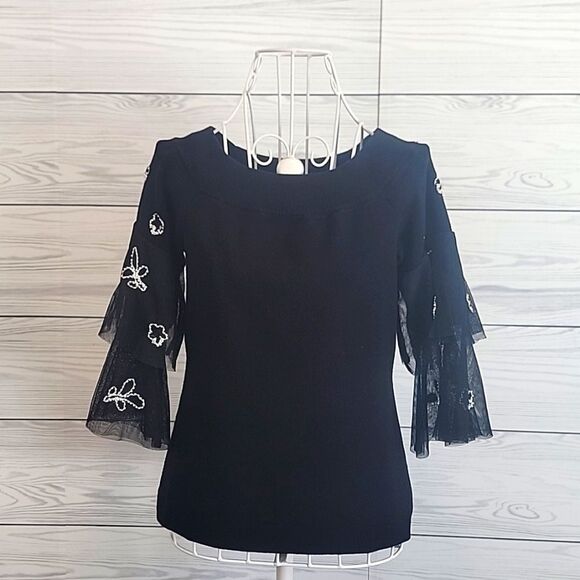 INC International Concepts Sweaters - I-N-C pullover sweater black with tulle ruffle sleeves  Size L ( runs small)